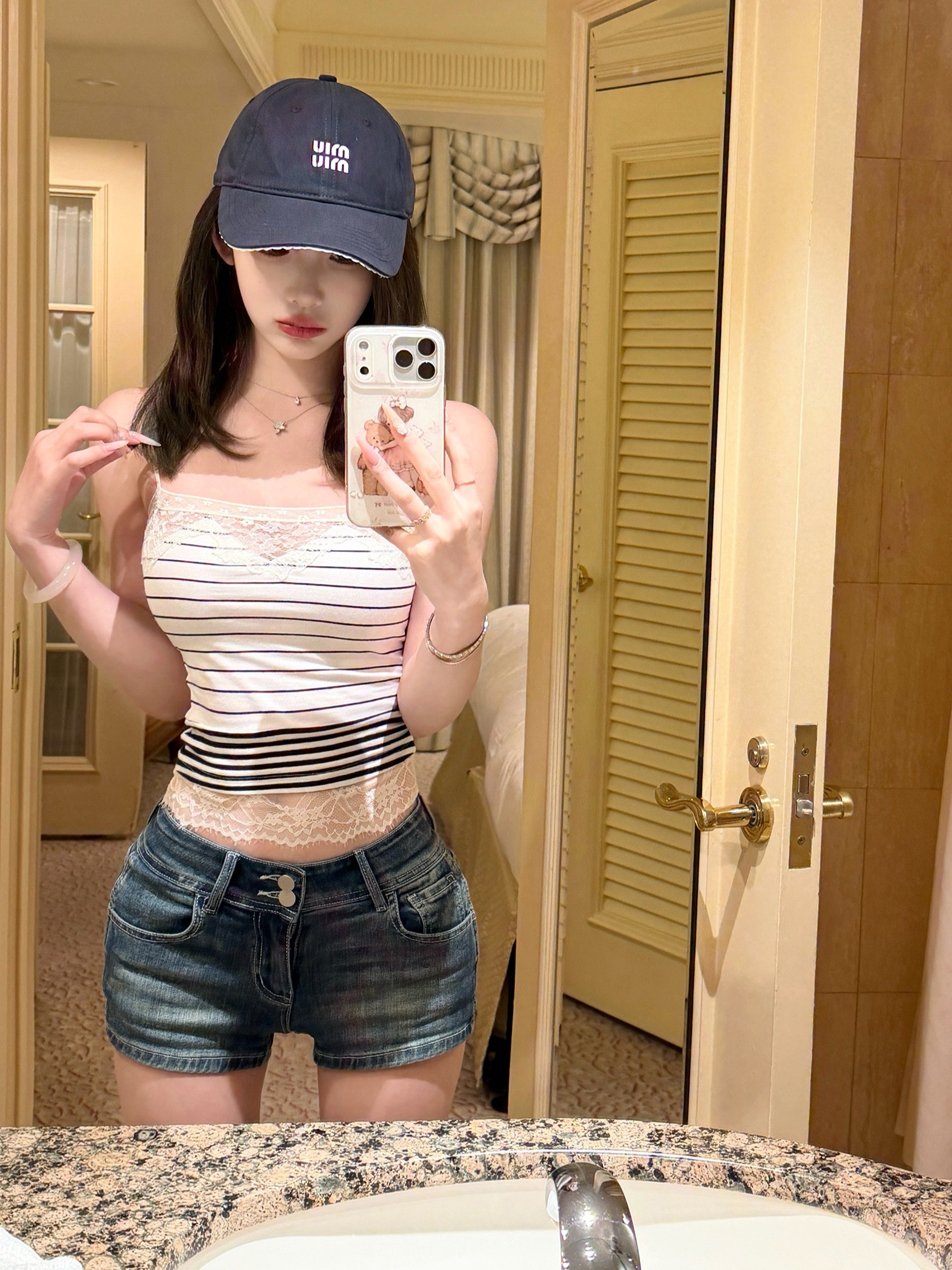 한국 스타일 아메리칸 레이스 레이스 스트라이프 캐미솔 여름 몸매 가꾸기 핫걸 V넥 다용도 쇼트 스타일 작은 맨위