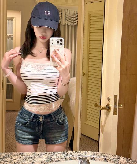 한국 스타일 아메리칸 레이스 레이스 스트라이프 캐미솔 여름 몸매 가꾸기 핫걸 V넥 다용도 쇼트 스타일 작은 맨위