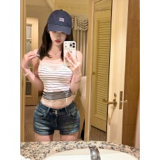 韩版美式蕾丝花边条纹吊带背心女夏季修身辣妹V领百搭短款小上衣