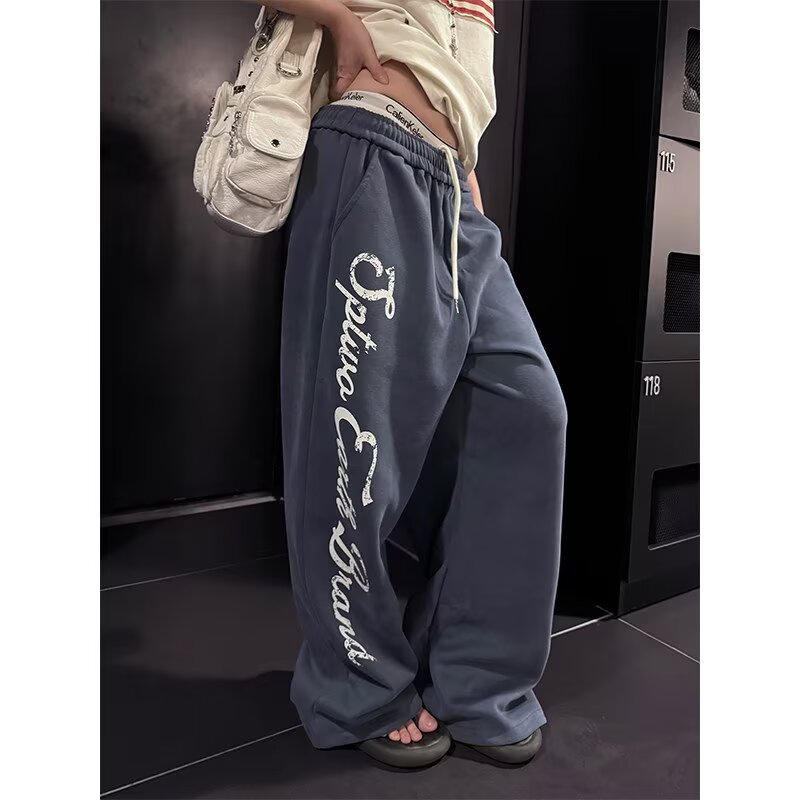 한국 chic 새로운 아메리칸 레트로 알파벳 프린트 루즈핏 캐주얼 운동 다용도 허리밴드 넓은 다리 웨이 바지 여성