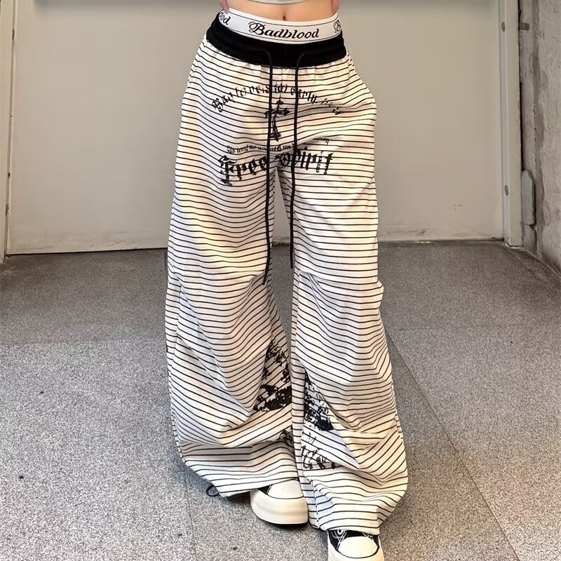 한국 chic 새로운 아메리칸 봄 여름 핫걸 흑백 줄무늬 와이드 레그 팬츠 슬림해 보이는 루즈핏 캐주얼 모통이 칼 긴 바지 트렌디