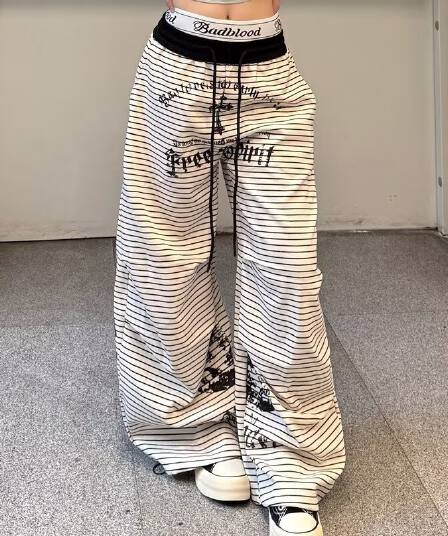 한국 chic 새로운 아메리칸 봄 여름 핫걸 흑백 줄무늬 와이드 레그 팬츠 슬림해 보이는 루즈핏 캐주얼 모통이 칼 긴 바지 트렌디