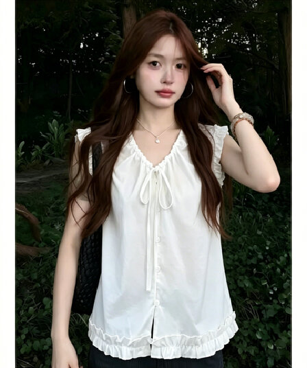 한국 스타일 레트로 펌프 로프 조정 레이스업 프릴 주름 민소매 여성 셔츠 여름 루즈핏 슬림해 보이는 인형 셔츠 맨위