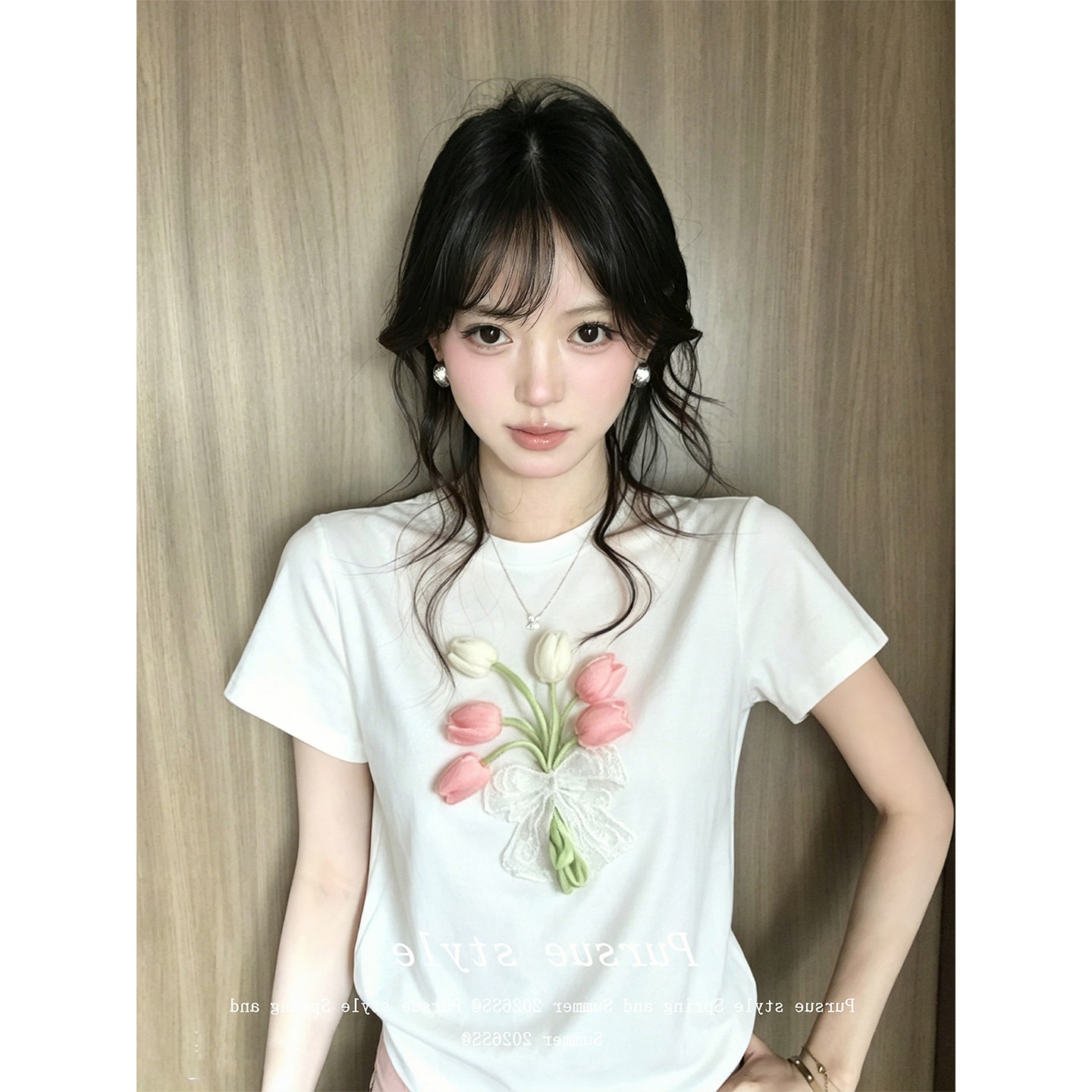 한국 chic 한국 스타일 긍정적 인 어깨 티셔츠 여성 여름 착용 가져 가라. 3 차원 꽃 화이트 라운드 넥 반팔 디자인 센스 맨위