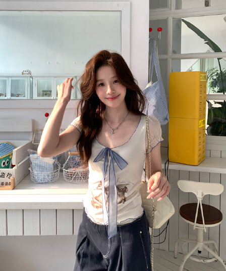 한국 chic 높음 지혜 달콤함 작은 사슴 프린트 티셔츠 여성 여름 레이스 조각 핫걸 허리 수축 반팔 맨위 트렌디