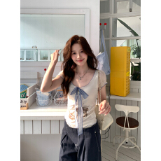 批发韩国chic高智甜美小鹿印花T恤女夏季蕾丝拼接辣妹收腰短袖上衣潮