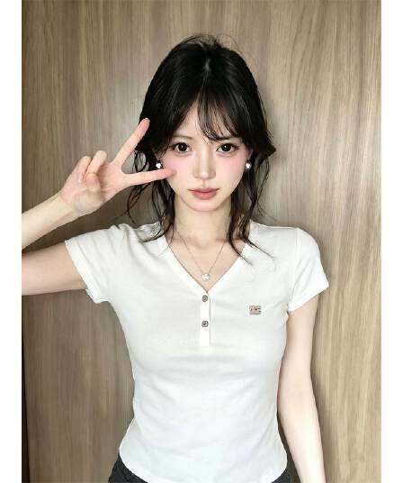 한국 chic 순면 아메리칸 레트로 V넥 알파벳 프린트 몸매 가꾸기 반팔 티셔츠 여성 여름 새로운 핫걸 맨위