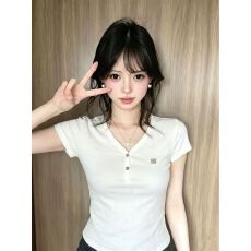 批发韩国chic纯棉美式复古V领字母印花修身短袖T恤女夏季新款辣妹上衣