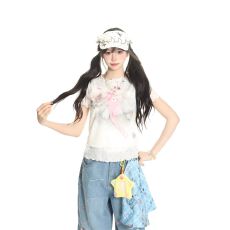 批发韩国chic甜美风可爱猫咪波点网纱修身短袖t恤女夏季新款辣妹上衣