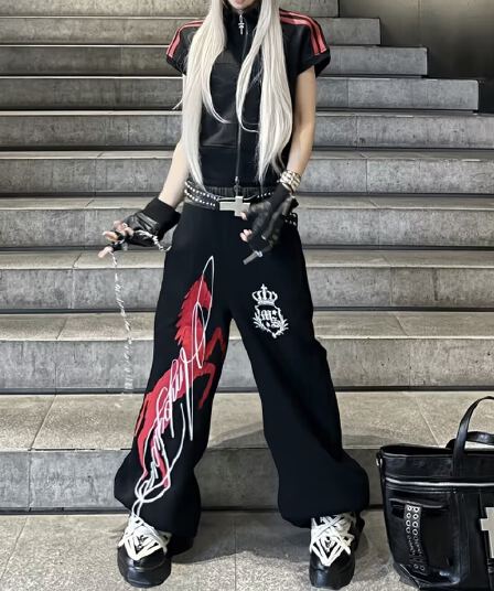 한국 chic 아메리칸 거리 캐주얼 웨이 바지 여성 새로운 전쟁 말 프린트 스트레이트 와이드 레그 팬츠 baggy 바지 트렌디