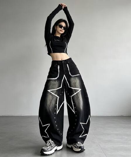 한국 chic 아메리칸 워싱 자수 모통이 칼 데님 바지 2026 가을 새로운 거리 hiphop 와이드 레그 팬츠