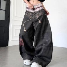 批发韩国chic新款美式复古牛仔裤子男女<b class='q'>春</b>秋潮牌水洗宽松直筒阔腿长裤