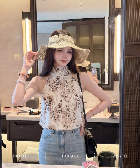 한국 스타일 아메리칸 행침 목 레오파드 무늬 조끼 여성 여름 새로운 풀오버 반하이넥 쉬폰 블라우스 민소매 오프숄더 맨위 트렌디
