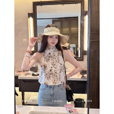 批发韩版美式挂脖豹纹背心女夏季新款套头半高领雪纺衫无袖露肩上衣潮