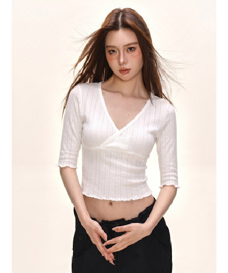 한국 스타일 아메리칸 십자가 V넥 중간 소매 티셔츠 여성 여름 패치워크 프릴 핫걸 몸매 가꾸기 슬림해 보이는 쇼트 스타일 맨위 트렌디