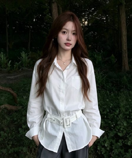 벨트 포함 긴팔 여성 셔츠 이른 가을 한 부서 아메리칸 허리 수축 슬림해 보이는 폴로 칼라 싱글 주머니 품격 셔츠 맨위 트렌디