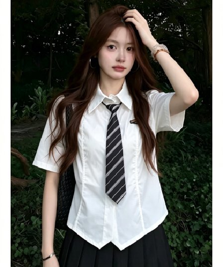 jk 유니폼 화이트 반팔 여성 셔츠 여름 한 부서 학원 스타일 불규칙 밑단 넥타이 루즈핏 다용도 맨위