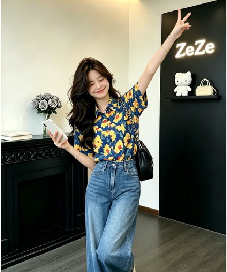 한 부서 레트로 반팔 여성 셔츠 여름 새로운 루즈핏 슬림해 보이는 폴로 칼라 셔츠 항구 바람 분위기 센스 꽃무늬 맨위