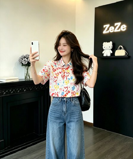 색상 하트 낙서 프린트 반팔 여성 셔츠 여름 루즈핏 셔츠 달콤함 연령 감소 다용도 캐주얼 맨위