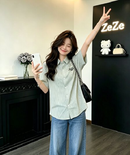 아메리칸 핀 스트라이프 자수 반팔 여성 셔츠 여름 새로운 루즈핏 셔츠 미니멀리즘 다용도 캐주얼 슬림해 보이는 맨위