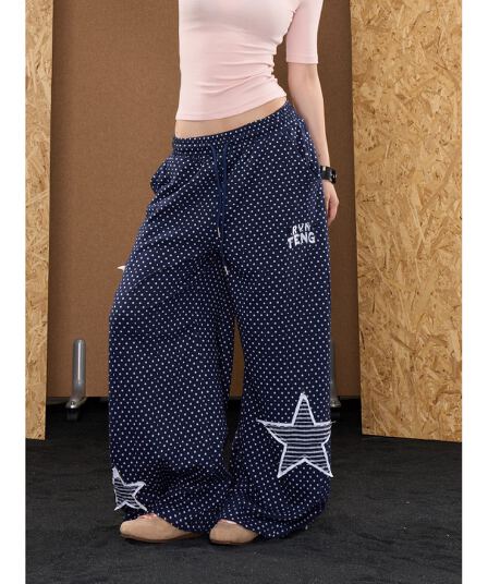원본 한국 chic 아메리칸 레트로 별 패치 자수 도트 무늬 와이드 레깅스 바지 루즈핏 캐주얼 바지 거리 바람
