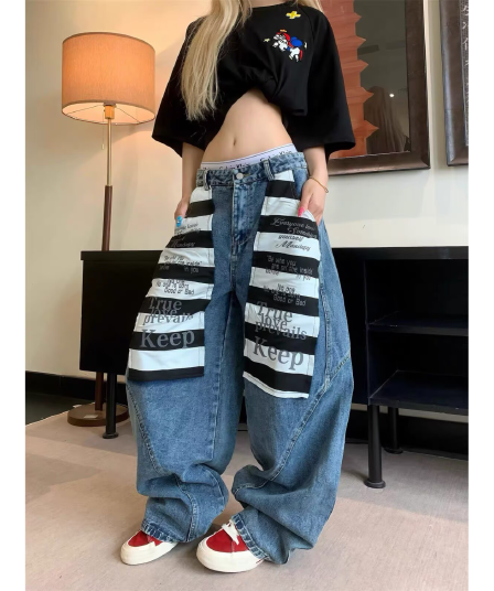 한국 chic 아메리칸 레트로 워싱 패치 배색 청바지 여성 루즈핏 거리 모통이 칼 넓은 다리 바닥 청소 긴 바지