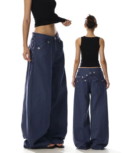 한국 chic 새로운 아메리칸 레트로 높음 거리 워싱 모통이 칼 청바지 여성 루즈핏 핫걸 캐주얼 넓은 다리 길이 바지