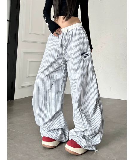 한국 chic 새로운 아메리칸 알파벳 자수 배색 체크무늬 바지 여성 루즈핏 도루 센스 넓은 다리 모통이 칼 캐주얼 바지 트렌디