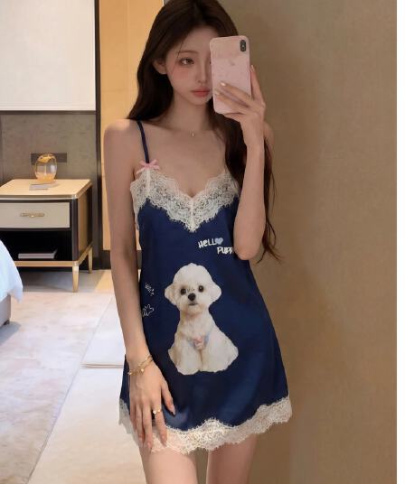 여름 새로운 순수한 욕망 바람 화이트 레이스 슬립 여성 드레스 만화 강아지 프린트 섹시함 V넥 미니 스커트 트렌디