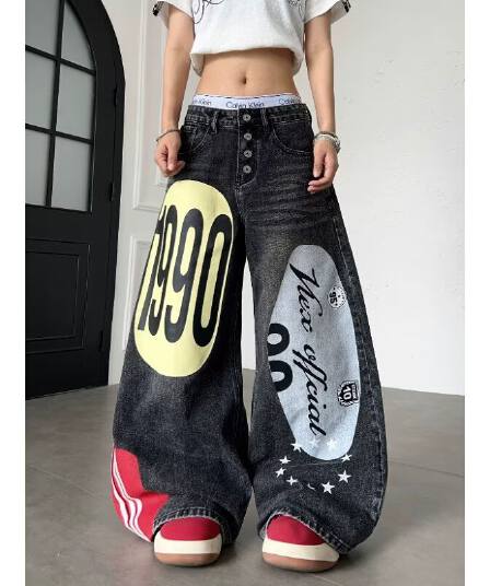 한국 chic 아메리칸 이른 가을 새로운 루즈핏 청바지 여성 슬림해 보이는 캐주얼 하렘 바지 패치워크 아빠 바지 축소 바지