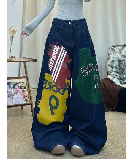 한국 chic 이른 가을 아메리칸 핫걸 레트로 배색 패치 프린트 청바지 여성 새로운 루즈핏 넓은 다리 길이 바지