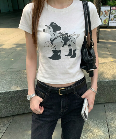 한국 스타일 아메리칸 만화 재미있는 프린트 반팔 티셔츠 여성 여름 핫걸 라운드 넥 몸매 가꾸기 슬림해 보이는 긍정적 인 어깨 의류 트렌디