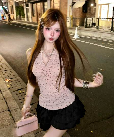 한국 스타일 아메리칸 원본 원단 한 부서 고유 한 핑크색 행침 목 캐미솔 여름 몸매 가꾸기 슬림해 보이는 다용도 맨위