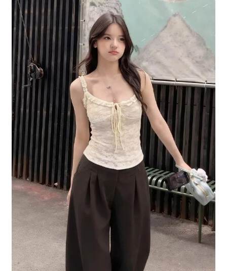 레이스 안감 레이스 프릴 캐미솔 핫걸 순수한 욕망 바람 여름 작은 대중 몸매 가꾸기 슬림해 보이는 맨위
