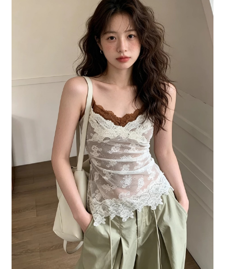 원본 원단 순수한 욕망 바람 배색 캐미솔 여름 새로운 레이스 조각 섹시함 페이크 레이어드 맨위 트렌디