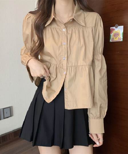한국 chic 이른 가을 새로운 폴로 칼라 싱글 줄 버튼 주름 장식 센스 패치워크 디자인 루즈핏 거품 소매 셔츠 맨위 여성