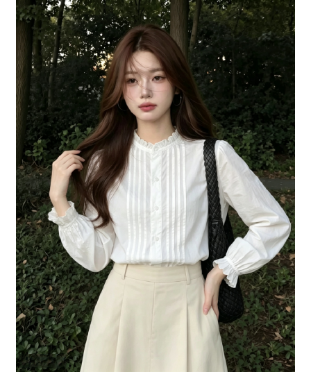 프랑스식 레트로 여성 셔츠 2026 가을 새로운 Chic 흰 셔츠 디자인 센스 작은 대중 스탠드 칼라 긴팔 셔츠 트렌디