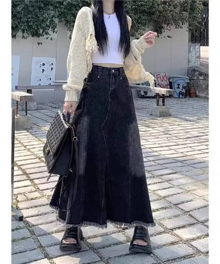 데님 반신 스커트 여성 2026 봄 가을 새로운 무거운 작업 분할 작은 키 하이웨이스트 한 마디 인어 꼬리 중간 길이 반 스커트