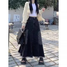 批发牛仔半身裙女2026<b class='q'>春</b>秋新款重工分割小个子高腰A字鱼尾中长款半裙