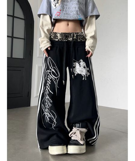 한국 chic 가을 새로운 아메리칸 거리 나이트 자수 레오파드 무늬 더블 허리 머리 캐주얼 바지 넓은 다리 스트레이트 웨이 바지
