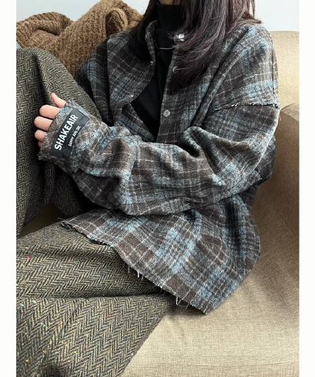 2026 봄 가을 아메리칸 레트로 연삭 털 격자 무늬 셔츠 남녀 조수 브랜드 루즈핏 캐주얼 워싱 스탠드 칼라 재킷