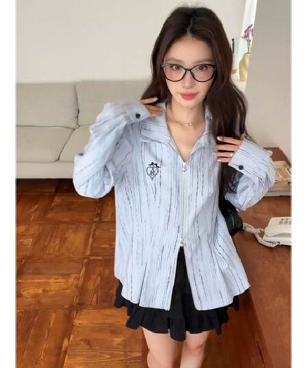 프랑스식 파란색 POLO 칼라 더블 머리 지퍼 여성 셔츠 2026 이른 가을 새로운 루즈핏 긴팔 외부 잡아라. 외투