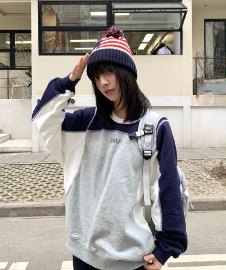 한국 chic 가을 새로운 배색 패치워크 색상 명 라인 플러그 어깨 후드티 여성 운동 바람 캐주얼 루즈핏 긴팔 맨위