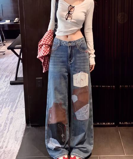 한국 chic 조수 브랜드 바늘 솔기 청바지 여성 패치워크 패치 몸매 가꾸기 작은 스트레이트 발 바지 무거운 작업 자수 캐주얼 긴 바지