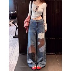 批发<b class='q'>韩国</b>chic潮牌针缝牛仔裤女拼接贴布修身小直脚裤重工刺绣休闲长裤