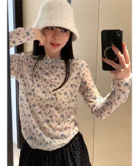 터틀넥 파란색 꽃무늬 긴팔 티셔츠 여성 가을 한 부서 달콤함 프릴 다용도 마이크로 ~을 통해 기본 셔츠 맨위 트렌디