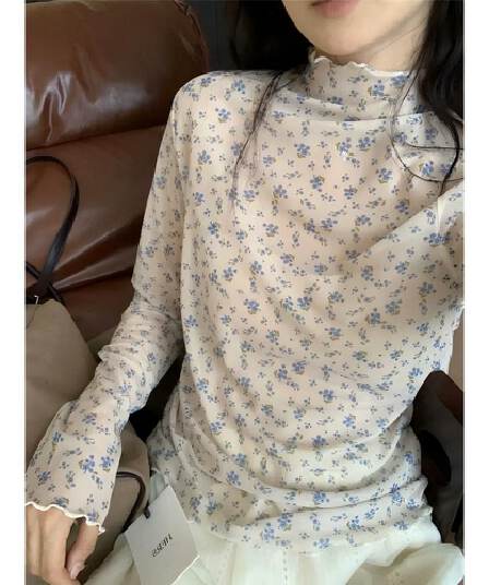 새로운 터틀넥 꽃무늬 긴팔 티셔츠 여성 가을 한 부서 달콤함 프릴 다용도 마이크로 ~을 통해 기본 셔츠 맨위 트렌디