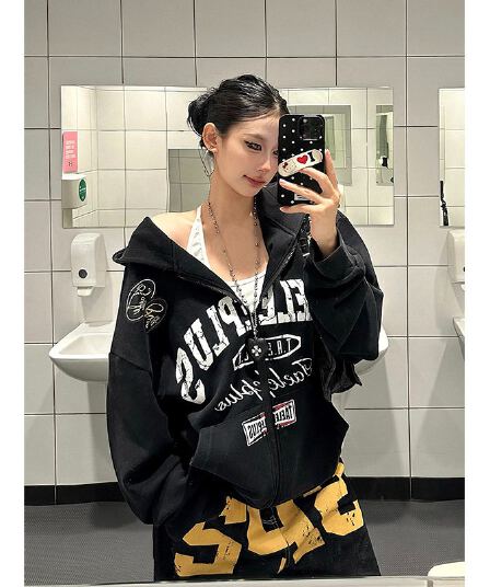 한국 chic 가을 새로운 아메리칸 레트로 레이싱 바람 마 오래된 후드 오픈 가디건 후드티 여성 지퍼 재킷 트렌디