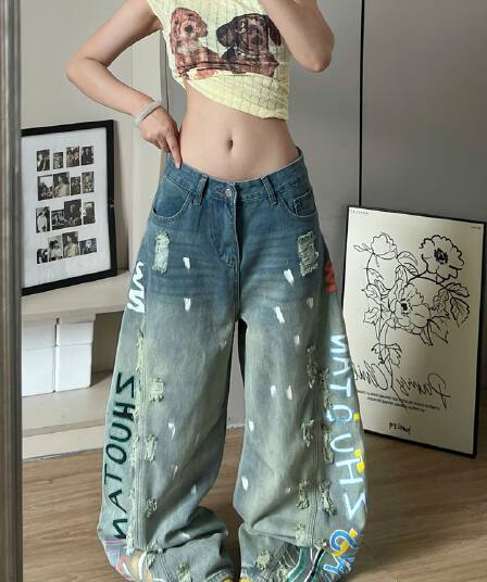 아메리칸 레트로 작은 대중 낙서 청바지 남녀 디자인 센스 페인트 스트레이트 캐주얼 바지 트렌드 일본식 새로운