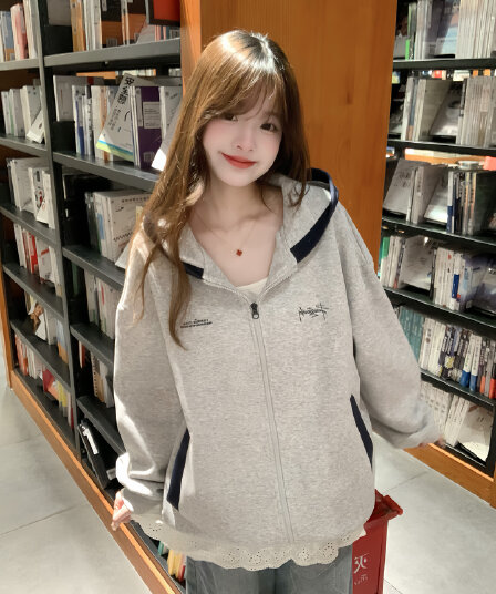 한국 chic 아메리칸 레트로 가을 겨울 새로운 자수 패치워크 후드 티 스웨터 여성 루즈핏 거리 바람 지퍼 재킷